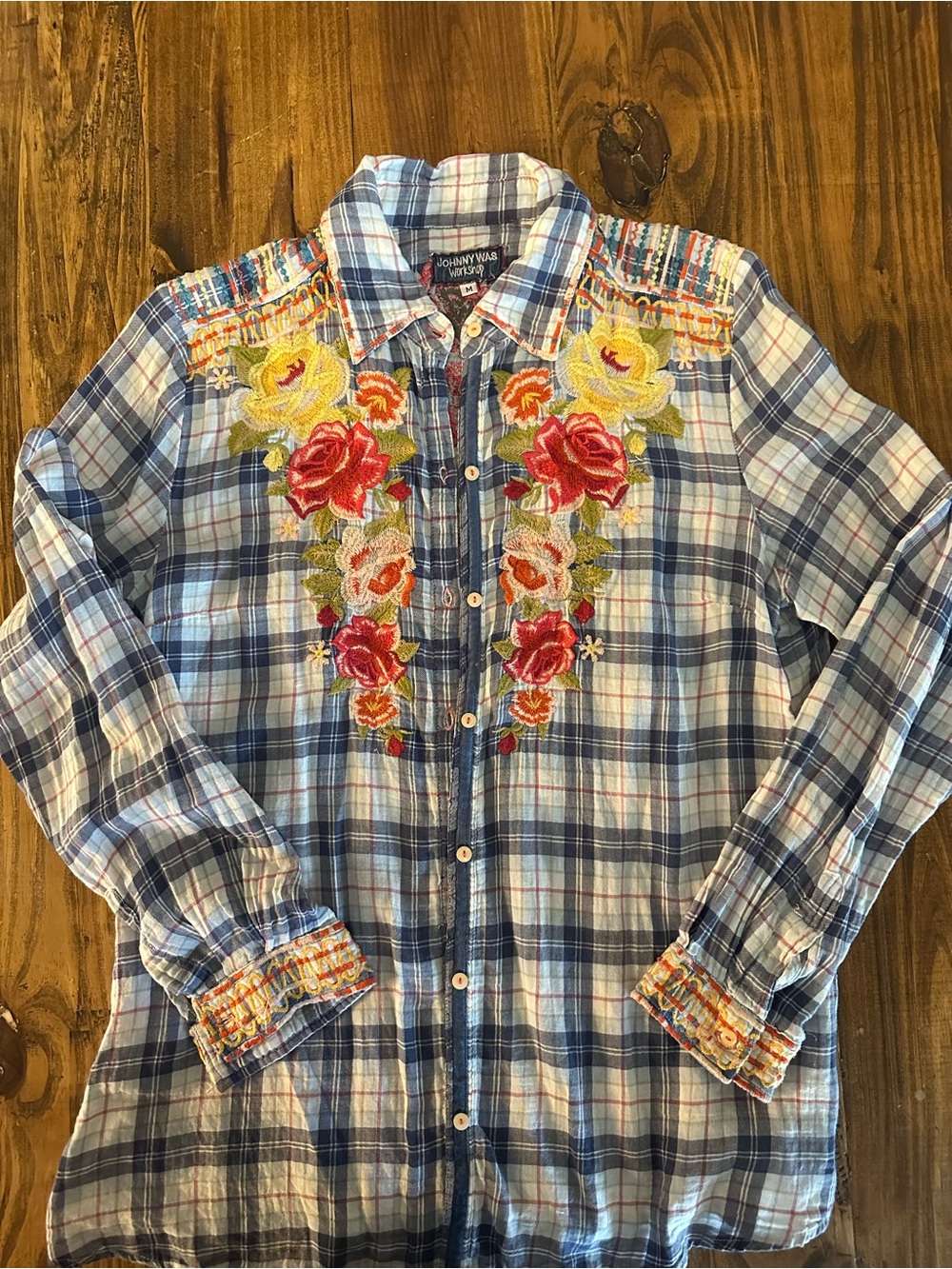 Johnny Was Blue Plaid Button-Up Top with Floral Embroidery